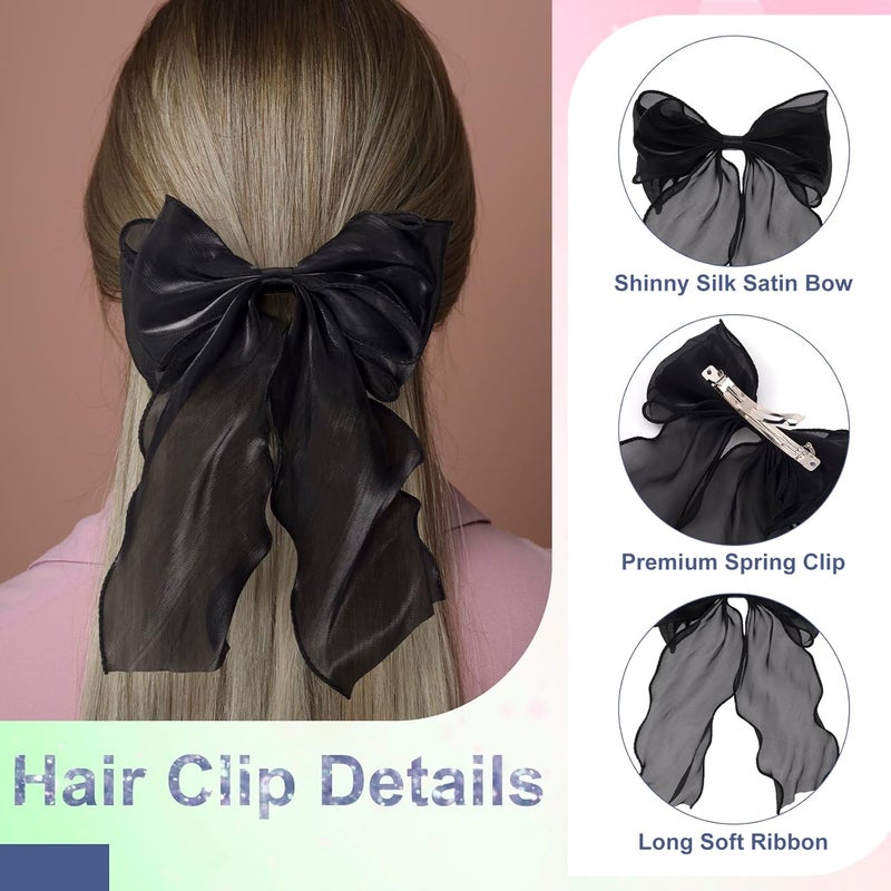 STSTR 2Pcs Large Hair Bow Clips, Black Silk Yarn Ribbon Bow Hair Barrette for Women, Elegant Long Tail Bowknot French Hair Accessories for Wedding, Parties, Festivals - Image 4